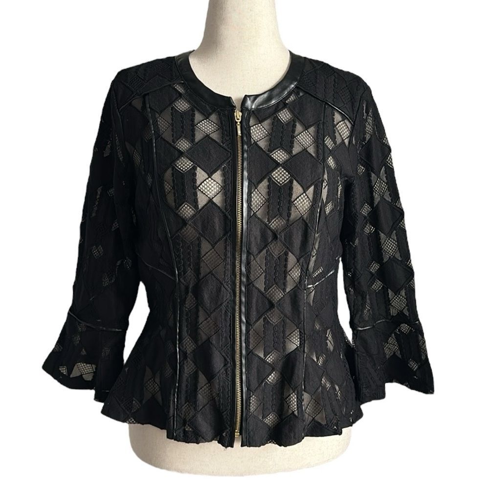 INC Int. Concepts Lace Patchwork Embroidered Zip Front Stretch Blouse L